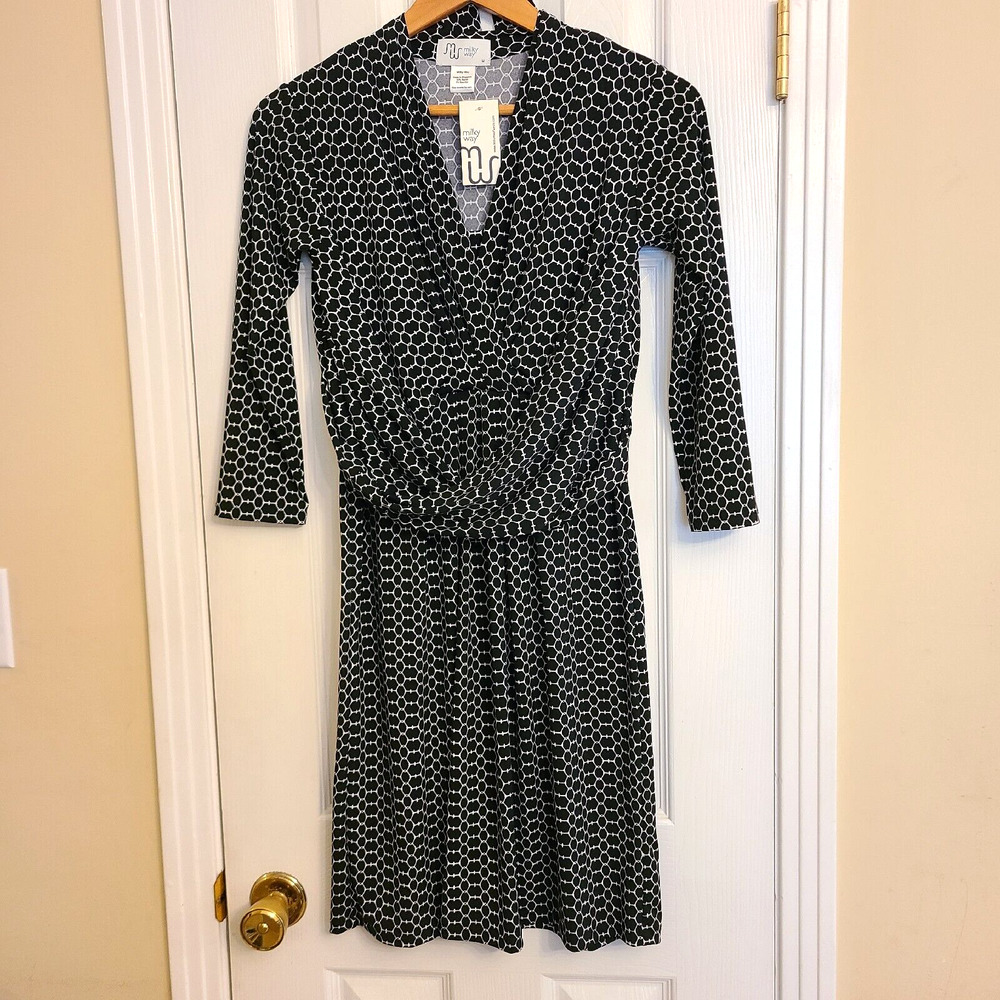 NWT Milky Way Maternity Trixie Wraparound Dress Midi Stretchy Black White Size M